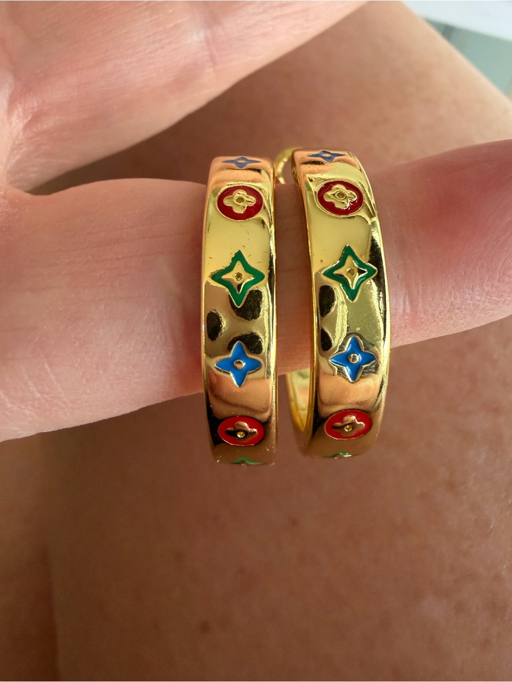 Louis Vuitton Gold Hoop Earrings with Red, Blue & Green Enamel Motifs